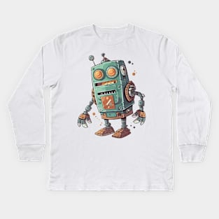 Robot, Silly Cartoon Green And Brown Robot Illustration Kids Long Sleeve T-Shirt